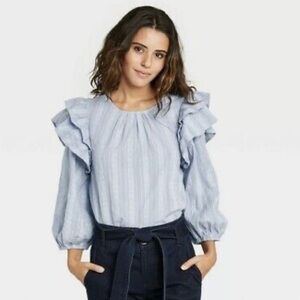 Universal thread long sleeve blue ruffle blouse